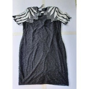 Stenay womens vintage black ivory Silk Beaded Sequin Evening Party Dress size 14